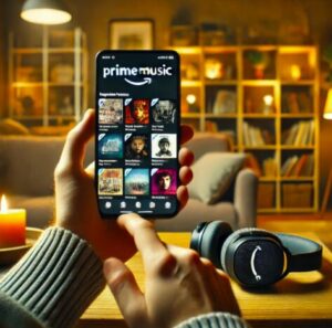 Amazon Prime Musicで人気のアルバムをストリーミングしている様子を描写したもの