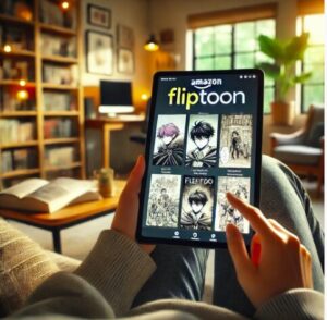 Amazon Fliptoonでマンガを楽しむシーンを描写したものです