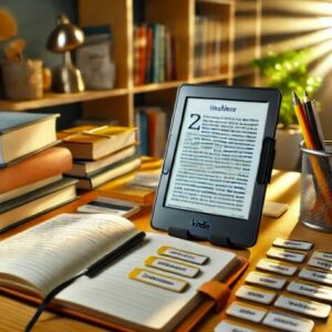 Kindleでの英語学習をサポートするためのデスク環境を表しています