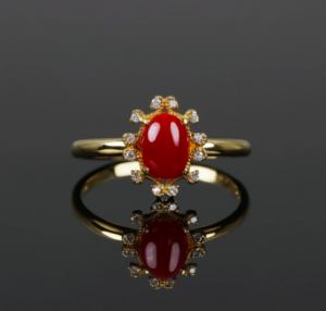 Red coral × Diamond ring 0.72 /赤珊瑚、ダイヤモンド（クリア）